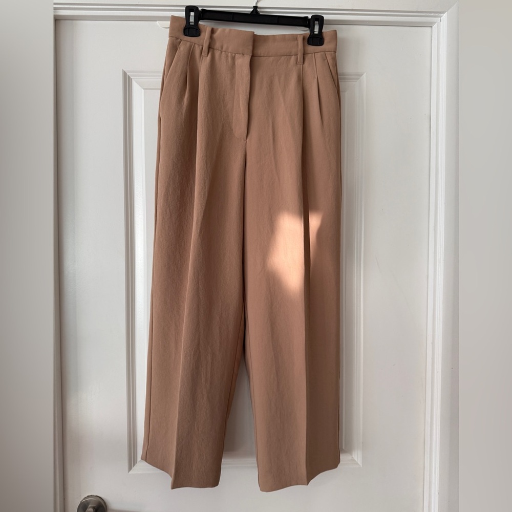 Aritzia Effortless CROPPED Tan Wide-Leg Trousers